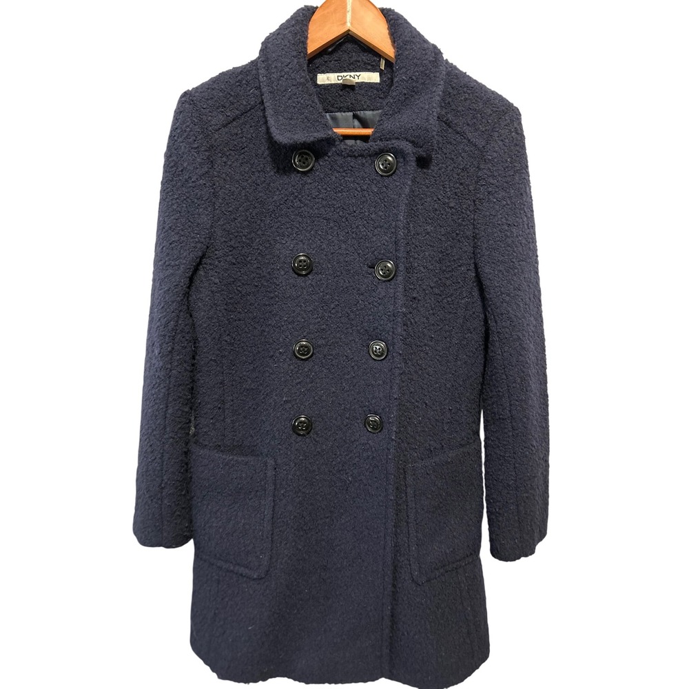 DKNY Navy Blue Boucle Fabric‎ Double Breasted Collared Long Coat Women's Size 6
